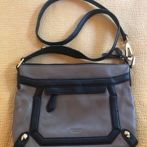 Gray and black leather shoulder bag
